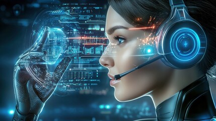 Futuristic AI Powered Digital Holographic Interface with Augmented Reality Elements  High tech cyborg intelligence and advanced data visualization concepts