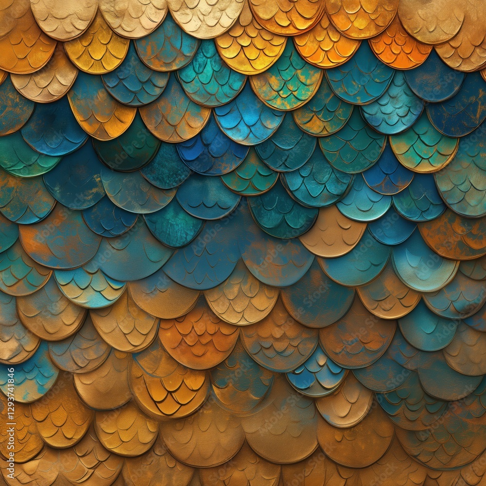 Poster colorful textured scales in shades of blue and orange creating a vibrant pattern, copy space for tex