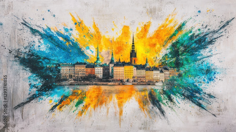 Poster stunning abstract image depicting a vibrant colorful explosion of paint and energy reflected on the 