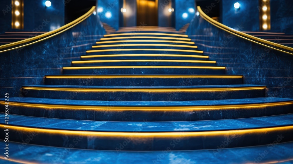 Poster a detailed close-up view of illuminated stairs featuring lights on both sides, creating a warm and i