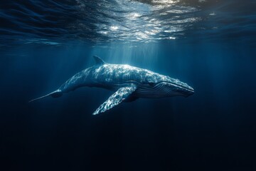 Naklejka premium Majestic humpback whale gliding through deep waters. Generative AI