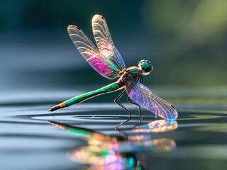 Iridescent dragonfly resting gently on the shimmering water surface