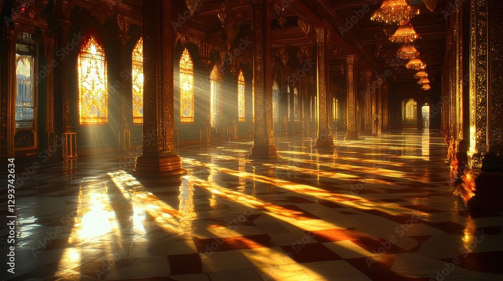 Poster sunlight streams through large windows, illuminating the intricate details of an ornate building's i