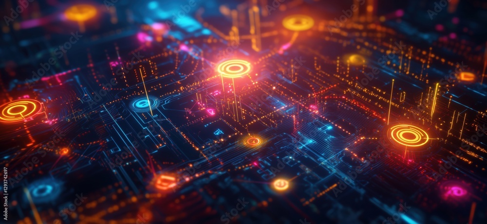 Poster futuristic digital network visualization with glowing circuits and data points, copy space for text