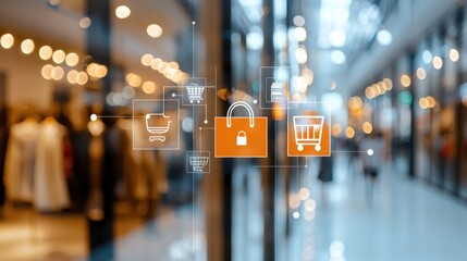 A digital lock symbol overlays a shopping mall scene, symbolizing security in online shopping and e-commerce environments.