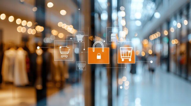 A digital lock symbol overlays a shopping mall scene, symbolizing security in online shopping and e-commerce environments.
