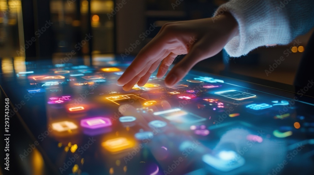 Poster hand interacting with holographic futuristic user interface with augmented reality and internet of t