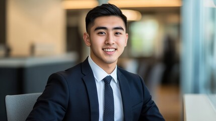 Fototapeta premium Confident young man in formal attire at a modern desk, embodying professionalism and ambition. 