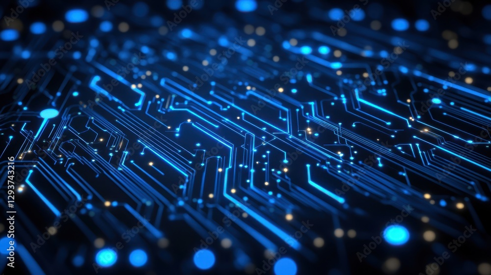 Poster a detailed close-up of a computer circuit board illuminated by blue lights, showcasing intricate des