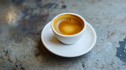 A white coffee cup with a brown liquid in it sits on a grey counter