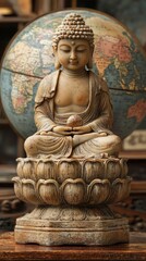 Fototapeta premium Serene Buddha Statue on Lotus Base with World Globe Background