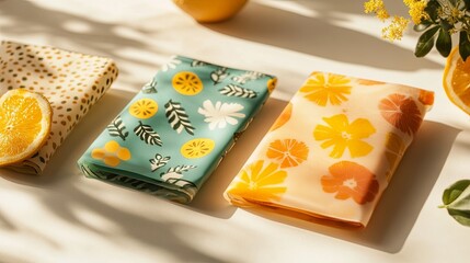 A single reusable wax food wrap styled with vibrant patterns on a light-colored table. pic