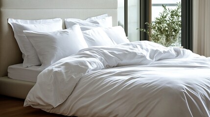 A clean bed with neatly arranged white linens styled in a minimalist bedroom. background