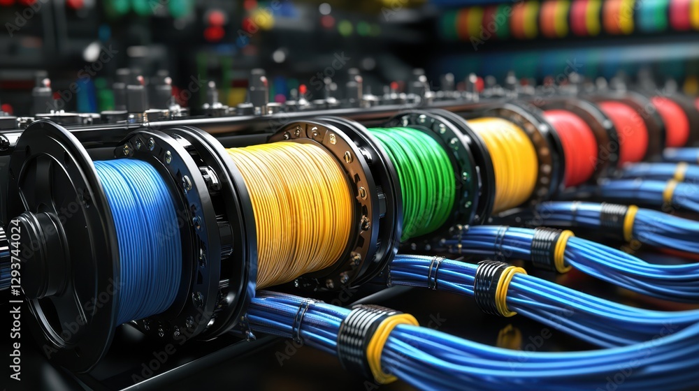 Poster a detailed close-up view of various wires organized neatly on a rack, showcasing their textures and 