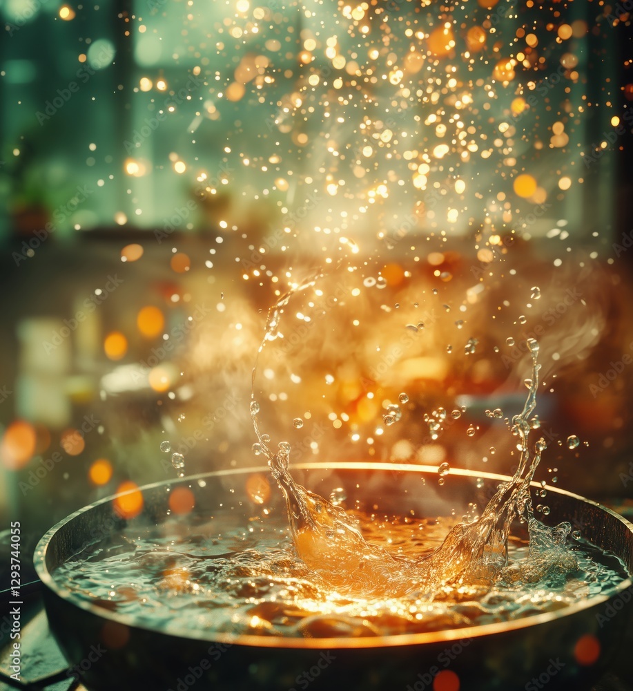 Poster captivating water splash in a pan with warm bokeh background and steam effects, copy space for text