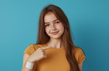 Obraz premium Portrait of a Smiling Young Girl with Long Brown Hair, White Tank Top, and Orange Patch on Her Arm, Set Against a Light Blue Background, Radiating Happiness and Confidence with bandage on arm