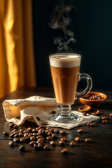 Warm latte with steam rising, beans scattered on rustic table near sunlight