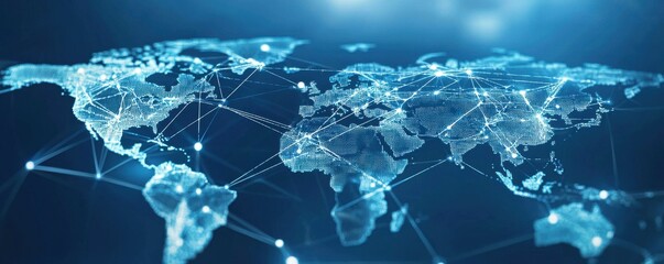 Obraz premium A digital representation of a world map with interconnected nodes and lines, symbolizing global connectivity and data flow.