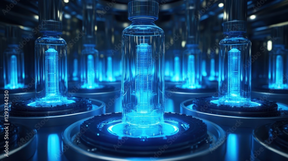 Poster a collection of glass bottles illuminated by vibrant blue lights, creating a captivating and enchant