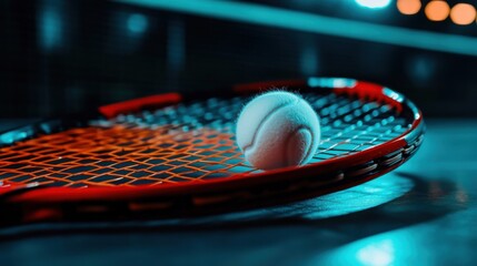 Badminton shuttlecock resting on a racket, cinematic close-up shot, dramatic lighting, elegant sports imagery