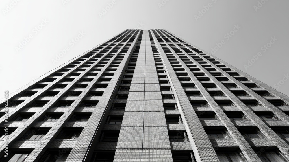 Poster aerial view showcasing a tall building featuring numerous windows and a prominent clock positioned a