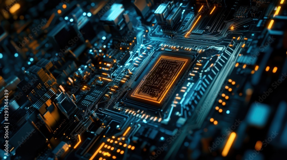 Poster a detailed close-up view of a computer motherboard featuring an intricate circuit board at the cente