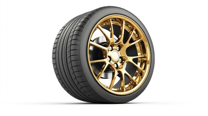 Gold alloy wheel, tire, studio, white