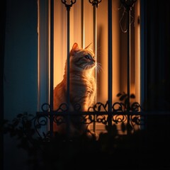 Orange cat at window at night