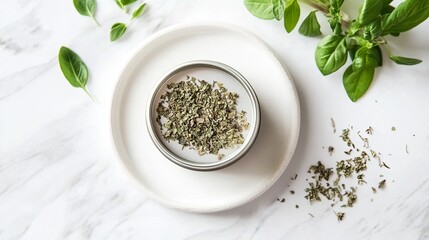 A single tin of oregano styled with a small pinch of dried herbs on a light plate. pic