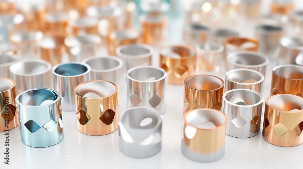 Poster a variety of colorful cups arranged neatly on a table, showcasing different shapes and hues, creatin