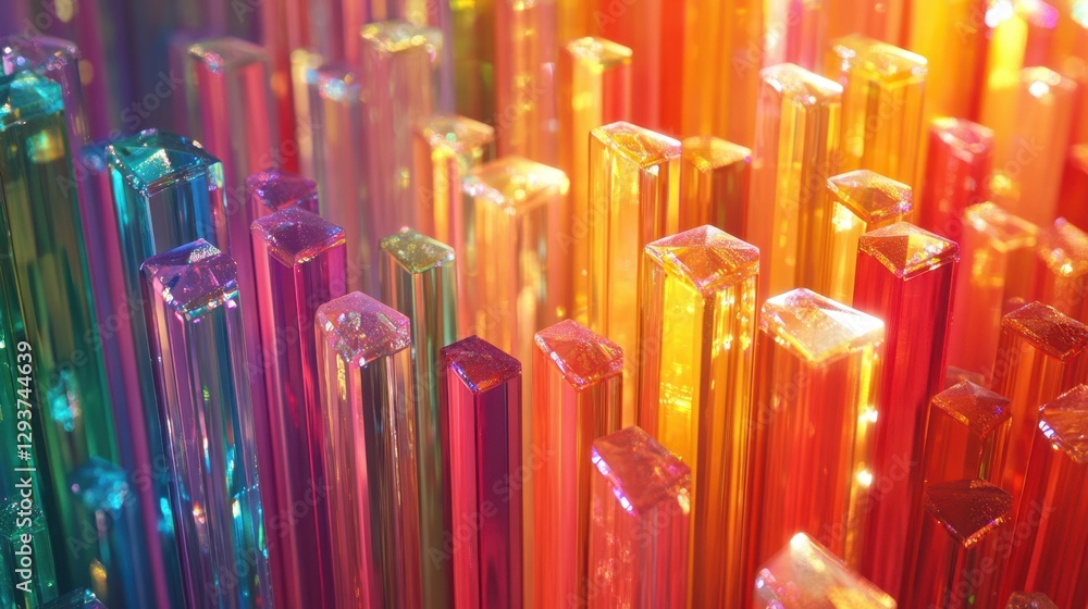Poster a series of vibrant glass blocks displayed in a linear arrangement, showcasing a spectrum of colors 