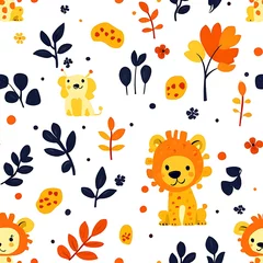 Wall murals Adorable cartoon lions and cubs in a whimsical floral pattern seamless illustration fun cute baby