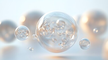 Fototapeta premium An Intriguing Close-Up of Luminescent Spheres with Gleaming Surfaces Floating on a Bright White Canvas