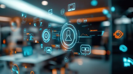 A modern workspace featuring digital interface elements and holographic displays, emphasizing technology and innovation.