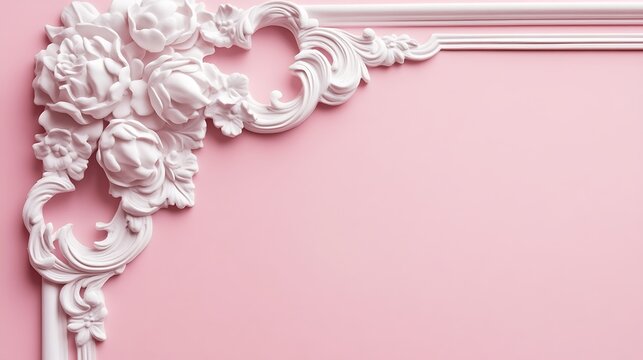 Elegant white floral molding on a pink background