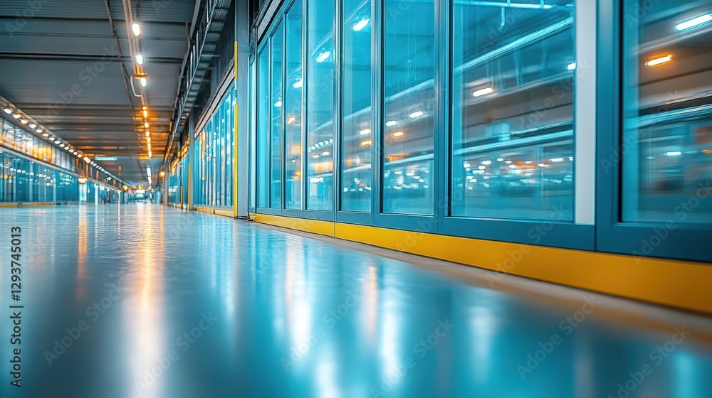 Poster a spacious hallway features a vibrant blue floor and contrasting yellow trim, creating a lively and 