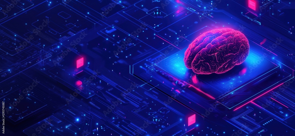 Aufkleber artificial intelligence brain on circuit board with neon lights and futuristic design, copy space fo