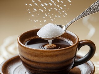 Sugar is being poured into a cup of black coffee