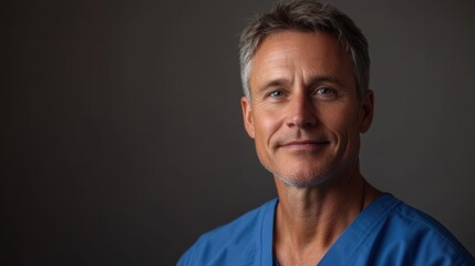 Obraz premium A man in a blue scrubs shirt is smiling. Generative AI