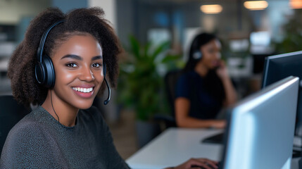 In a contemporary office setting, a friendly woman with a headset smiles while speaking to a customer on her computer, with a second agent working next to her.