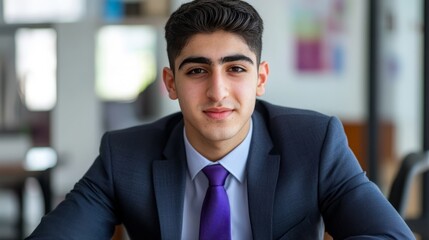 Fototapeta premium Confident young man in formal attire at a modern desk, embodying professionalism and ambition. 