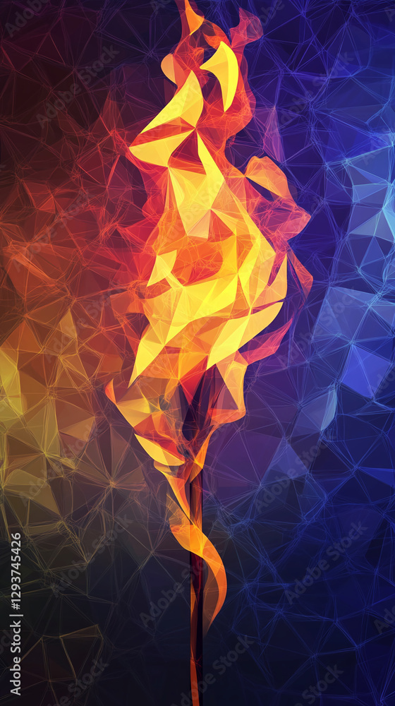 Poster abstract polygonal artwork of a flaming torch with vibrant yellow, orange, and red colors symbolizin