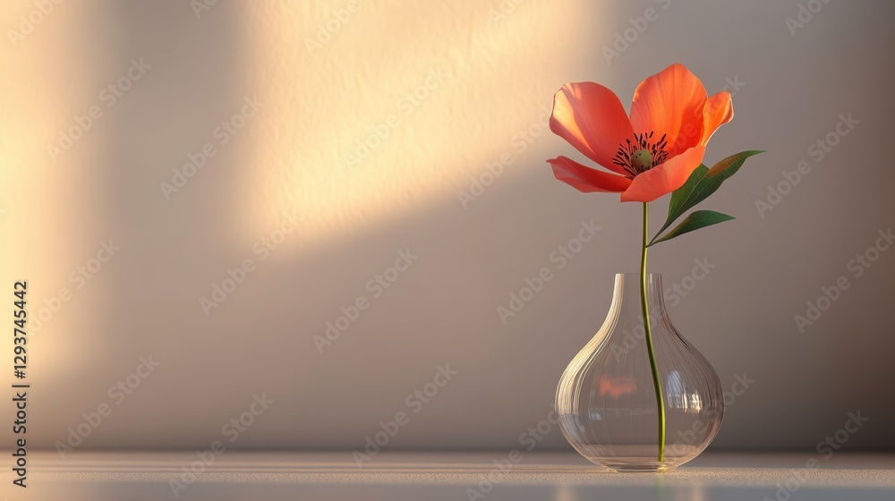 Poster a vase with a red flower in it sits on a table. generative ai