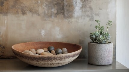 Rustic Bowl of Stones and Succulent Plant on Textured Background