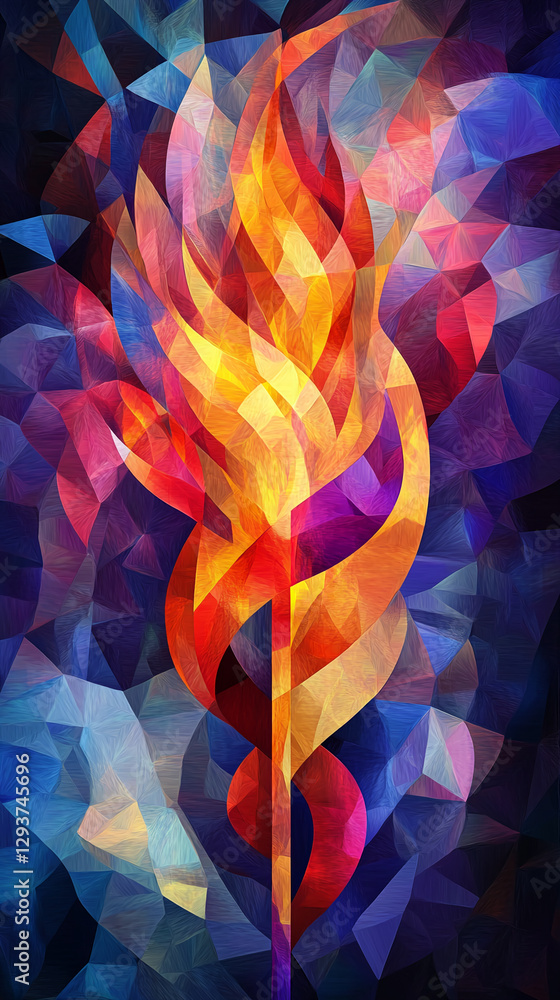 Poster abstract polygonal artwork of a flaming torch with vibrant colors of red, orange, and yellow symboli