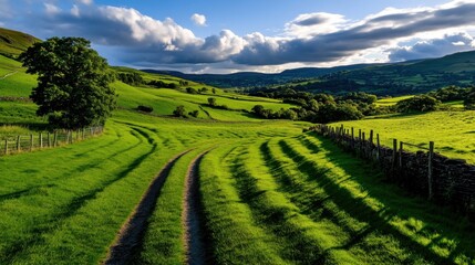 Naklejka premium Beautiful meadow bathed in soft golden sunlight, rolling green hills stretching into the distance, serene and peaceful atmosphere