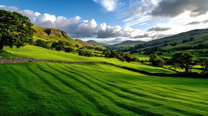Fototapeta premium Beautiful meadow bathed in soft golden sunlight, rolling green hills stretching into the distance, serene and peaceful atmosphere