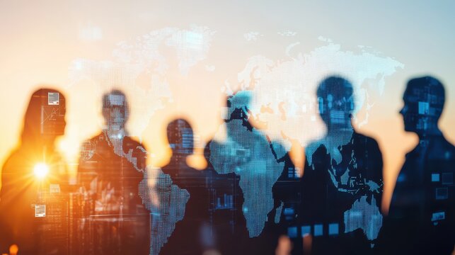 Silhouettes of people against a glowing sunset, overlaid with digital data and a world map, symbolizing connection and technology.