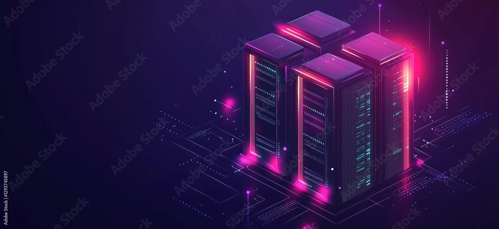 Poster futuristic data center with neon lights and digital elements for technology concepts, copy space for