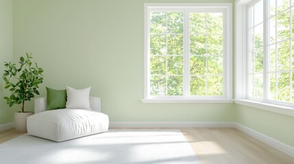 Fototapeta premium Serene living room, sunlight, green walls, plants. Home d?cor